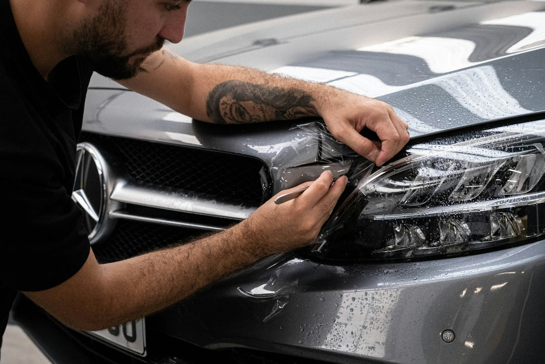 Close-up of water beading on car paint